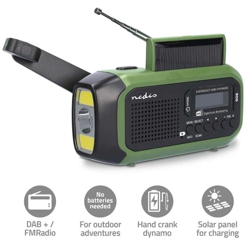 Nedis RDDBCR2000GN-Radio DAB+/FM sa ručnim navijanjem, solarnim panelom i LED osvetljenjem, 5V/2500 mAh Slike