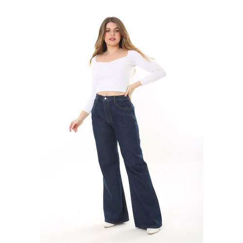 Şans Women's Plus Size Navy Blue 5 Pockets Wide Leg High Waist Denim Trousers Cene