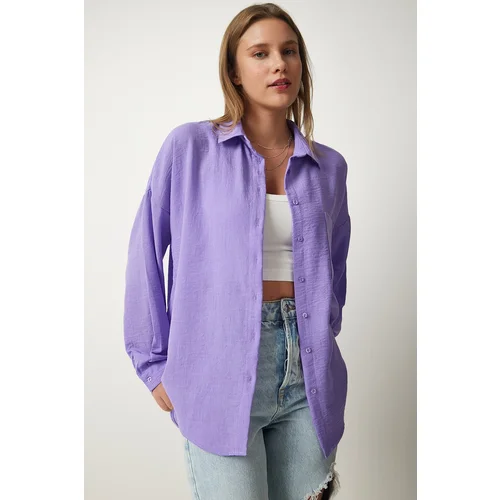 Happiness İstanbul Women's Lilac Oversize Linen Ayrobin Shirt