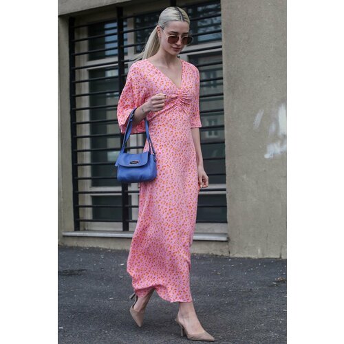 Madmext Pink Patterned V-Neck Midi Dress Slike