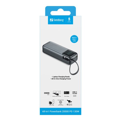 Sandberg All-in1 Powerbank 20000 PD 130W prenosna baterija Slike