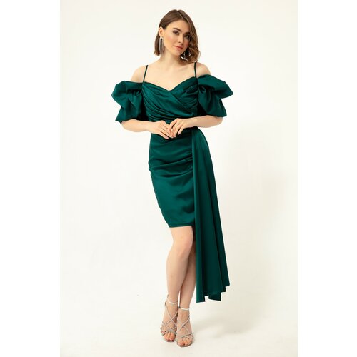 Lafaba Women's Emerald Green Evening Dress with Straps and Tail. Slike