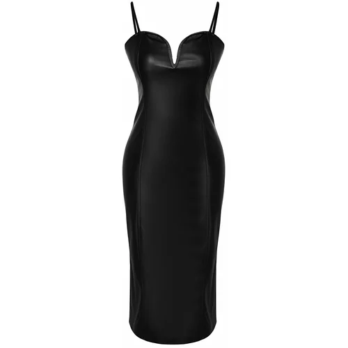 Trendyol Black Fitted Faux Leather Evening Dress