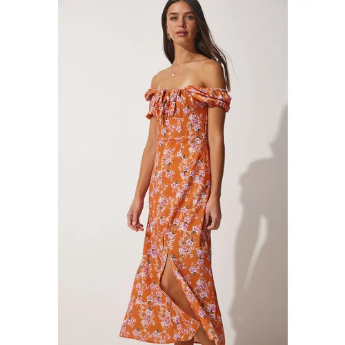 Happiness İstanbul Women's Orange Pleated Collar Floral Satin Surface Summer Dress