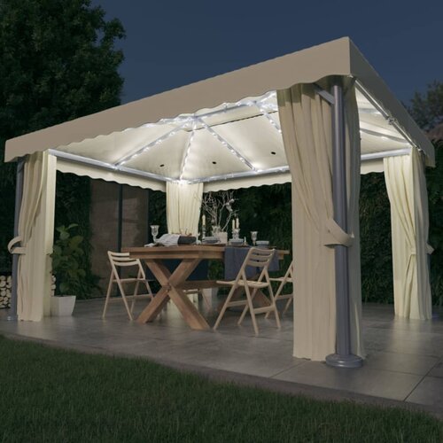vidaXL Paviljon z zaveso in LED lučkami 4x3 m kremno bel Cene