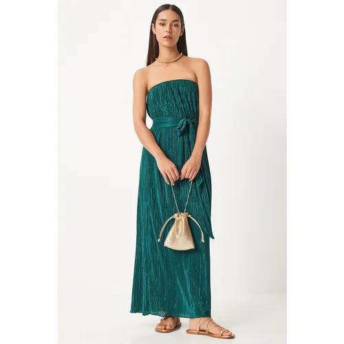 Happiness İstanbul Women's Emerald Green Strapless Belted Pleated Dress