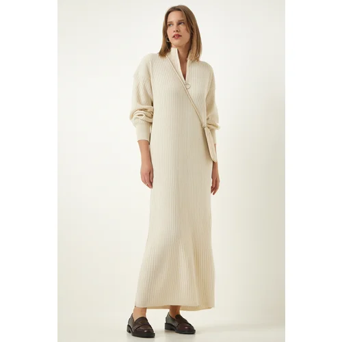  Women's Cream Zipper Collar Ribbed Long Knitwear Dress