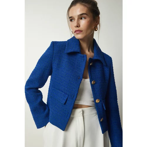 Happiness İstanbul Women's Blue Tweed Crop Jacket