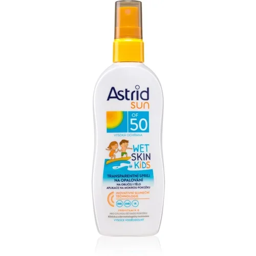 Astrid Sun Kids Wet Skin Transparent Spray SPF50 vodoodporen sprej za zaščito pred soncem za vlažno kožo 150 ml