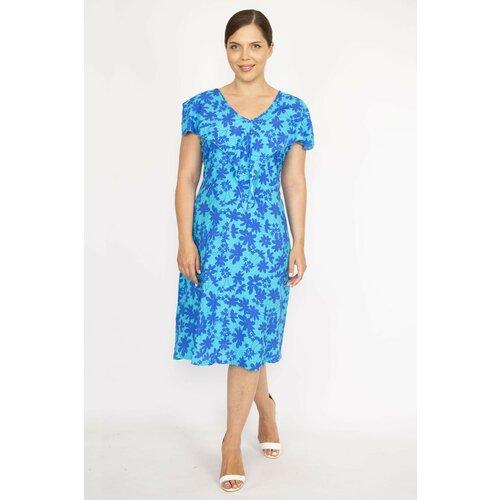 Şans Women's Blue Plus Size Woven Viscose Fabric Collar Flounce Dress Slike