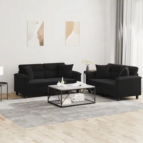  2-dijelni set sofa s jastucima crni od mikrovlakana