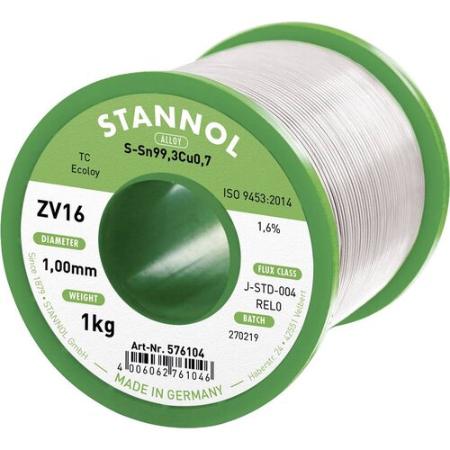 Stannol žica za mehko spajkanje ZV16 iz zlitine TC Sn99Cu1 z 1\,6% pretoka 1\,0 mm na premeru 1000 mm ZV16 spajkalna žica\, neosvinčena neosvinčeni Sn99\,3Cu0\,7 REL0 1000 g 1 mm, (20428475) Slike