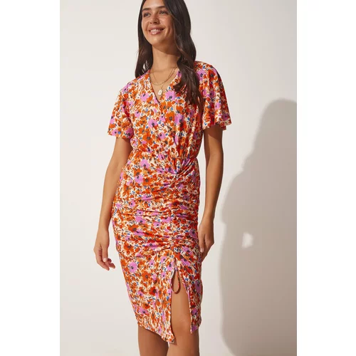 Happiness İstanbul Women's Orange Floral Wrapped Collar Summer Dress