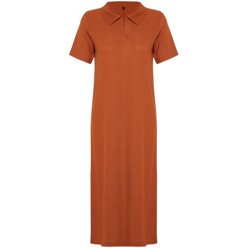 Trendyol Cinnamon Polo Neck Short Sleeve Crepe/Textured Knitted Midi Dress Cene