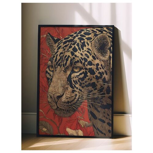 Wallxpert uramljena slika 115273, leopard i cveće na crvenoj pozadini, 30 x 40 cm, crni ram Cene