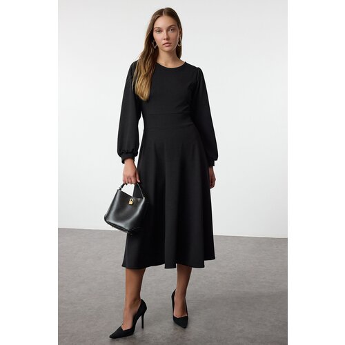 Trendyol Black Zipper Balloon Sleeve Skirt Ruffle Midi Knitted Dress Cene