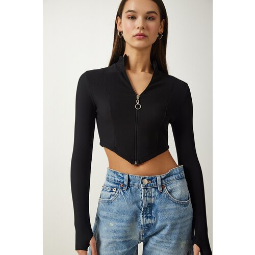  Women&amp;#039;s Black Zippered Turtleneck Crop Knitted Blouse Slike