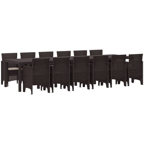 VidaXL 13-dijelni set za obedovanje u vrtu s jastučićima smeđi poli ratan, vrtni stol smeđi 200x100x73 cm poli ratan, vrtni stol smeđi 150x100x73 cm poli ratan, vrtne stolice s jastučićima 4 komada smeđi poli ratan Slike