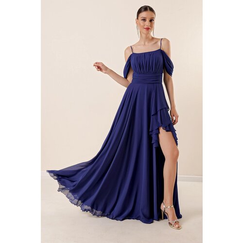 By Saygı Rope Strap Low Sleeve Front Draped Flounce Front Side Slit Lined Long Chiffon Dress Cene