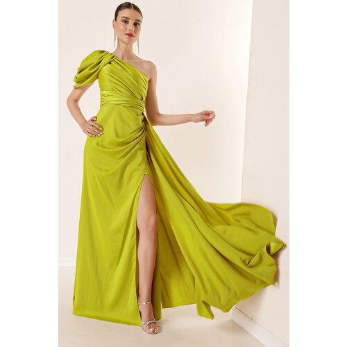 By Saygı Long Sleeve Satin Dress With Draping and Lined Slike