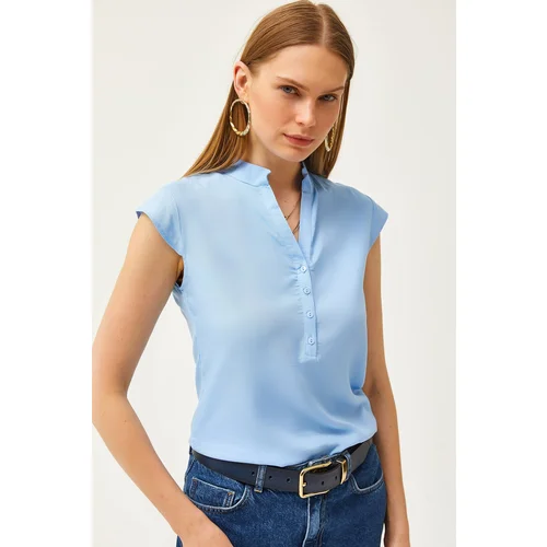 Olalook Women's Baby Blue V-Neck 4-Button Viscose Blouse