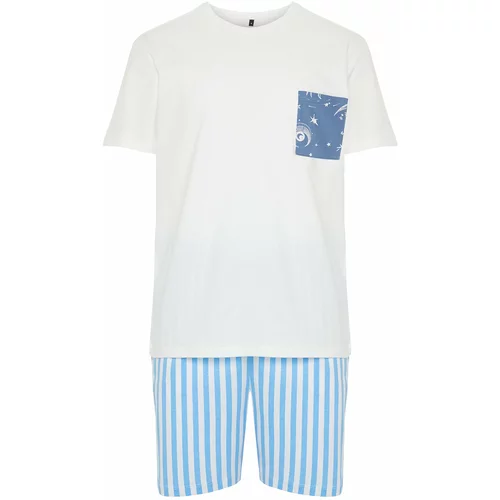 Trendyol Men's Ecru Blue Printed Regular Fit Knitted Pajamas Set