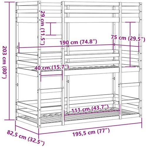 vidaXL Trostruki krevet na kat 75x190 cm od masivne borovine Cene