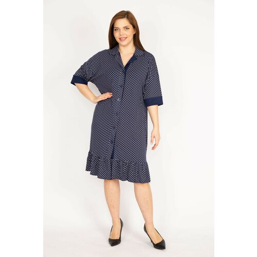 Şans Women's Navy Blue Plus Size Front Buttoned Hem Tiered Point Patterned Dress Slike