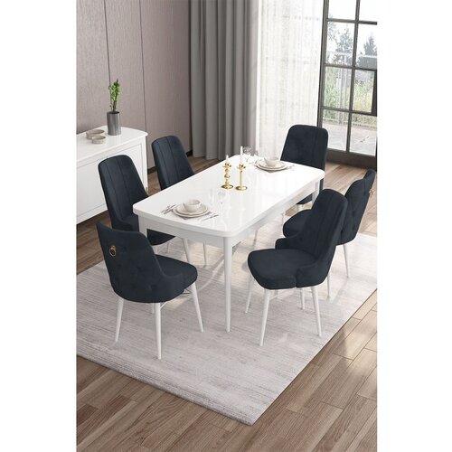 Hanah home Are - White, Anthracite WhiteAnthracite Extendable Dining Table & Chairs Set (7 Pieces) Cene