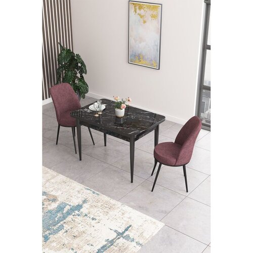 Hanah home trpezarijski set Nil, sto i 2 stolice, ploča u dekoru crnog mermera, puder roze tkanina Babyface Cene