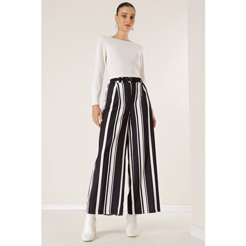 By Saygı Belted Waist Longitudinal Thick Striped Palazzo Trousers with Side Pockets Cene