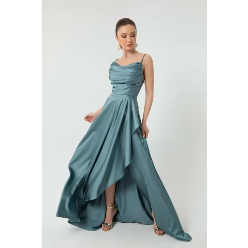 Lafaba Women's Blue Satin Evening &; Prom Dress with Ruffles and a Slit
