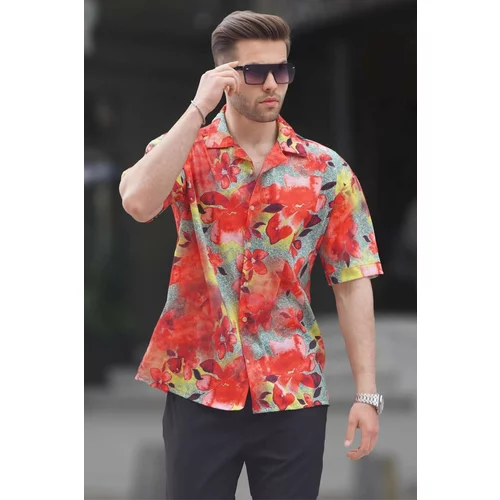 Madmext Red Short Sleeved Patterned Men's Shirt 6700