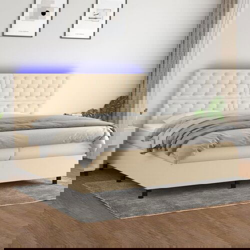 VidaXL Box spring postelja z vzmetnico LED krem 200x200 cm blago Slike
