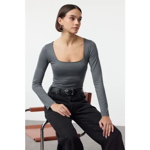 Trendyol Anthracite Square Neck Snap-Front Premium Knitted Bodysuit