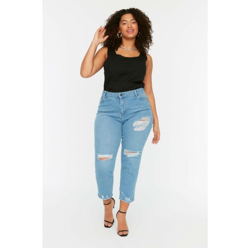 Trendyol Curve Blue Ripped Detailed High Waist Slim Fit Jeans Slike