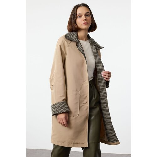 Trendyol Beige Regular Plaid Lined Midi Trench Coat Slike