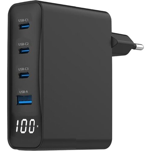 USB punjač 3xType-C + USB-A , 4-port 100W GaN USB fast charger, LCD, black, GEMBIRD, TA-UC-PDQC100LCD-01-BK Slike