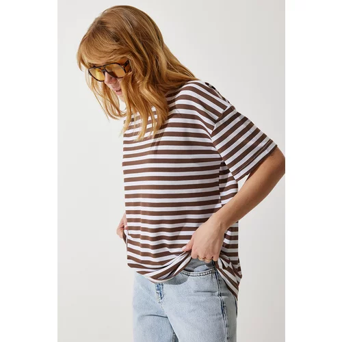 Happiness İstanbul Women's Brown Crew Neck Striped Oversize Knitted T-Shirt