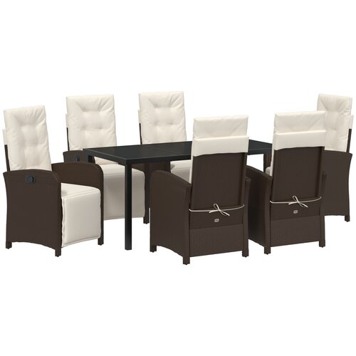 VidaXL Vrtni set za objedovanje od 7 dijelova s jastučićima smeđi poli ratan, Vrtni stol crni 160x80x73 cm od kaljenog stakla Slike