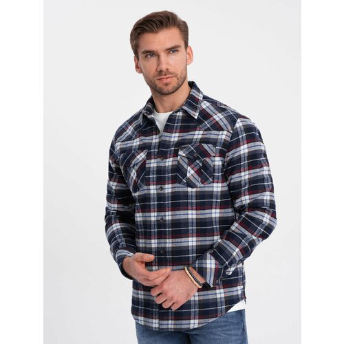Ombre Men's checkered flannel shirt with pockets - navy blue and red Slike