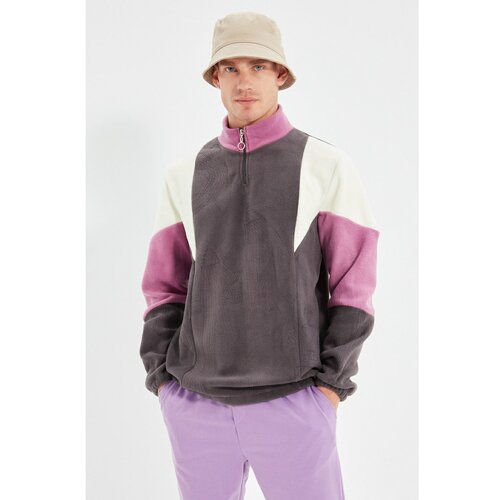 Trendyol Anthracite Men Regular Fit Zipper Stand Up Collar Long Sleeve Paneled Sweatshirt Slike