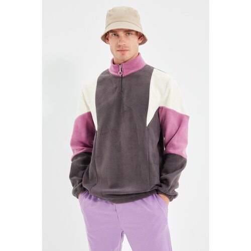 Trendyol Anthracite Men Regular Fit Zipper Stand Up Collar Long Sleeve Paneled Sweatshirt Slike