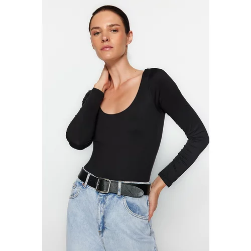 Trendyol Black Slim Snap Button Fastener Crew Neck Long Sleeved Soft Fabric Flexible Knitted Body