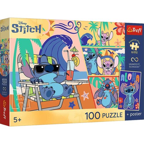 Trefl Disney Stitch Ljetni dani na plaži UFT puzzle s posterom, 100 komada - Slike