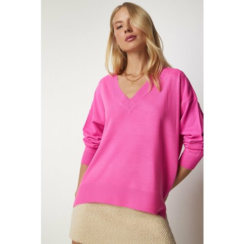 Happiness İstanbul Women's Pink V-Neck Oversize Knitwear Sweater Slike