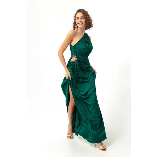 Lafaba Women's Emerald Green One-Shoulder Decollete Long Evening Dress.