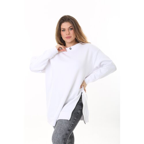Şans Women's Plus Size White Side Zipper And Collar Detailed Sweatshirt Slike