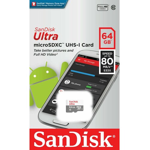 Sandisk sdxc 64GB ultra micro 100MB/Class 10/UHS-I SDSQUNR-064G-GN3MN Slike