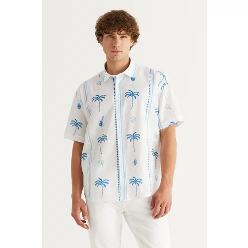 AC&Co / Altınyıldız Classics Men's White-Navy Blue Oversized Loose Fit Classic Collar 100% Cotton Printed Shirt.